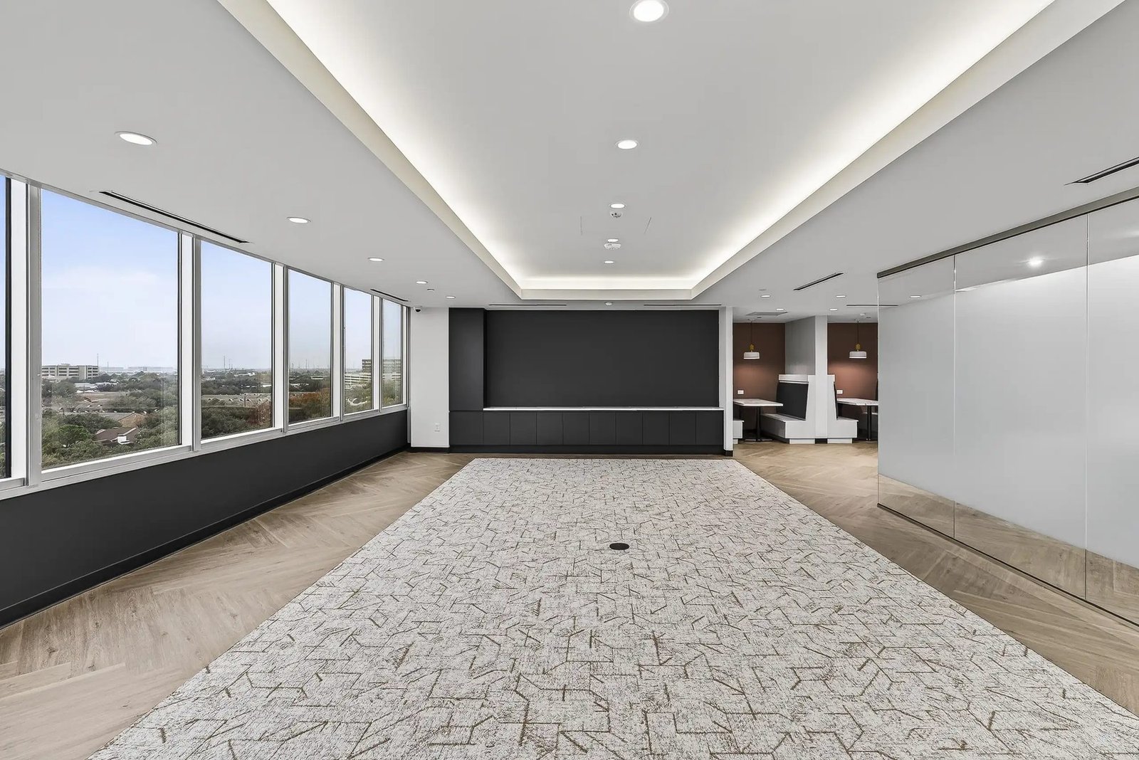 Completed commercial office space with panoramic windows
